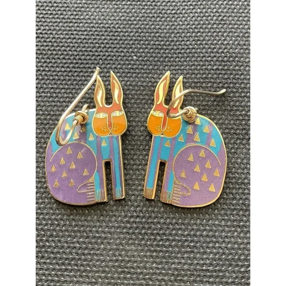 vintage Laurel Burch "Rabbit for Ross" dangle Enamel Earrings Estate Costume - Picture 1 of 5